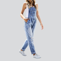 Ripped knees women denim jumpsuit