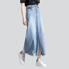 Ripped slit long denim skirt