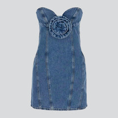 Rose embellished strapless denim dress