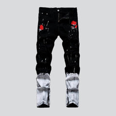 Rose embroidery ripped men jeans