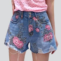 Rose print rhinestone denim shorts