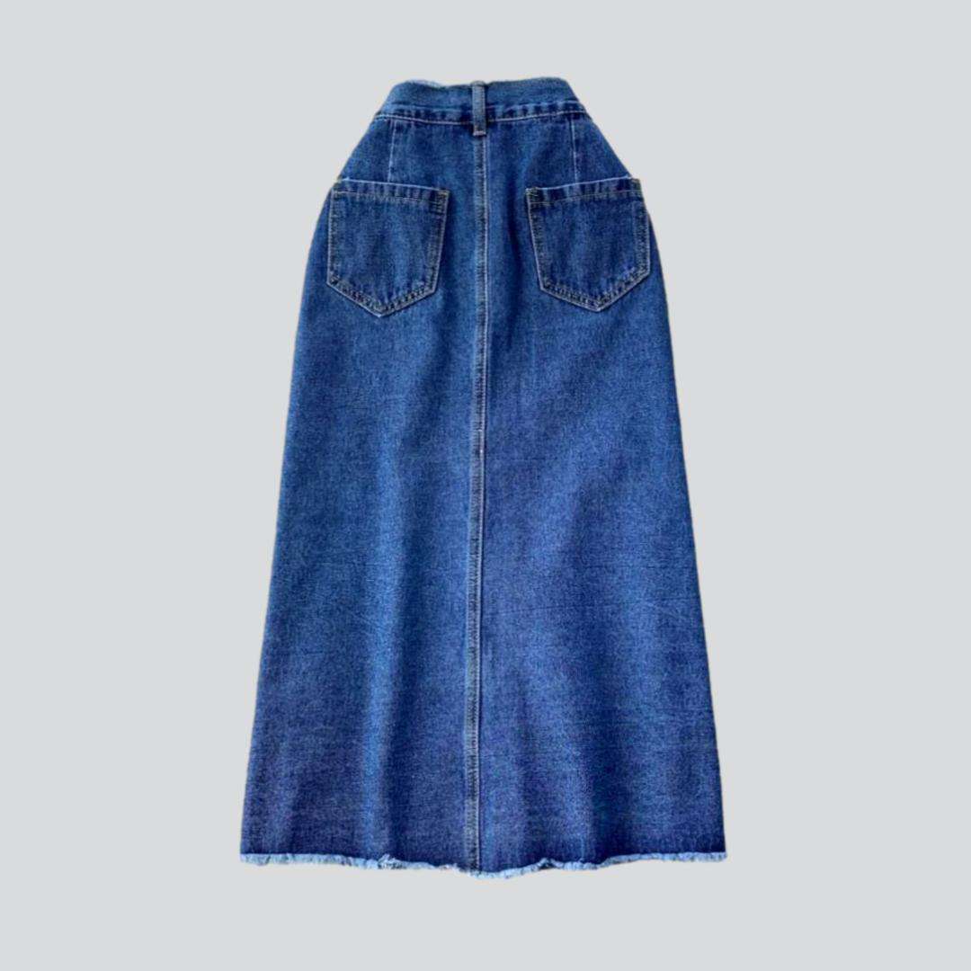 Frayed waistband buttoned denim skirt