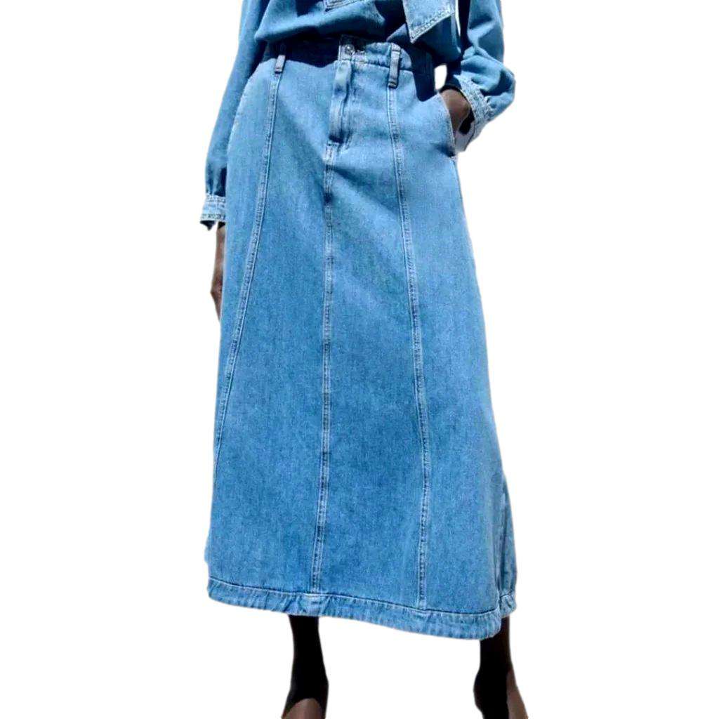 Long denim skirt with seams