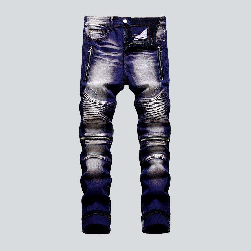 Bleach wash color biker jeans