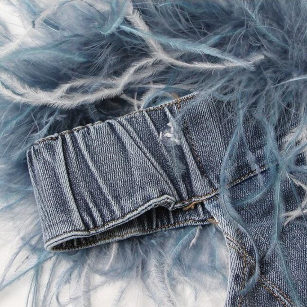 Strapless denim dress with feathers