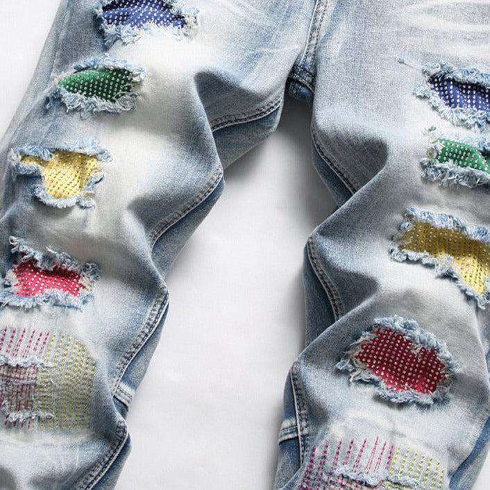 Color-embellished patchwork men jeans