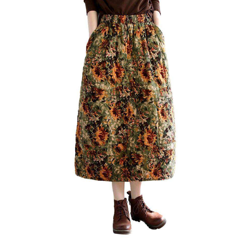 Flower-painted maxi jean skirt