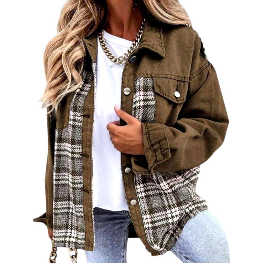 Checkered fashion denim jacket for ladies