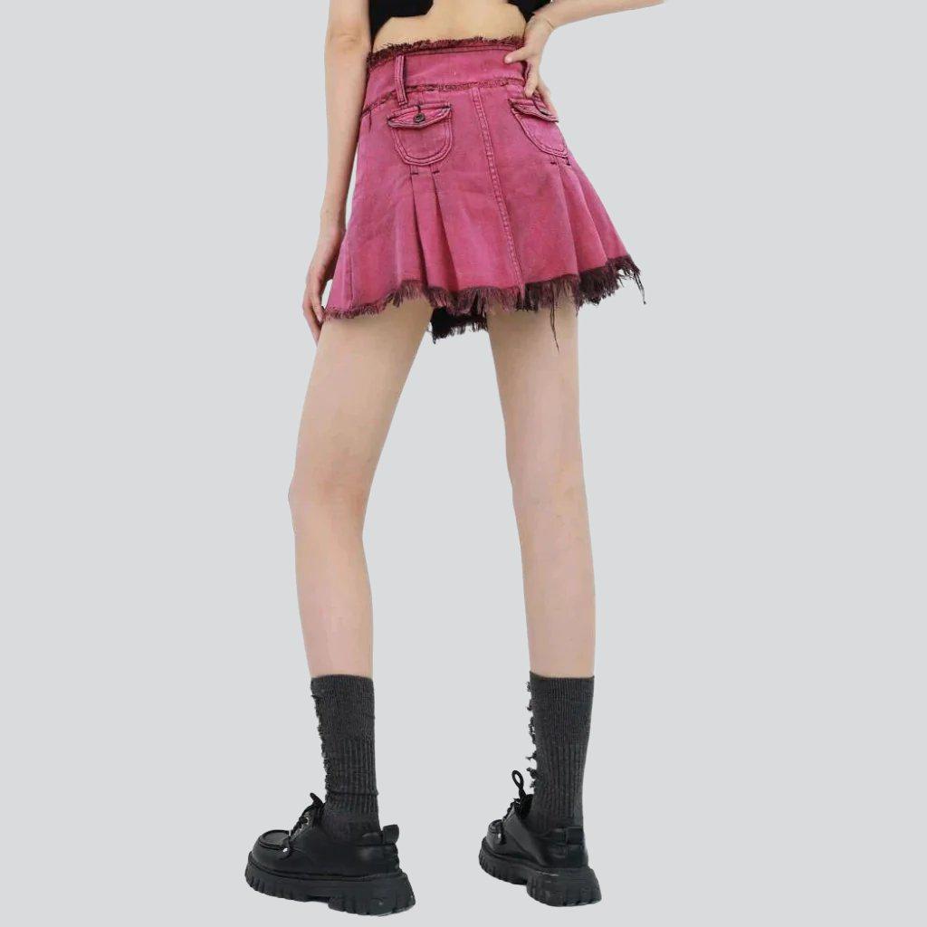 Pink pleated mini denim skirt