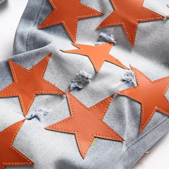 Orange stars embroidery men jeans