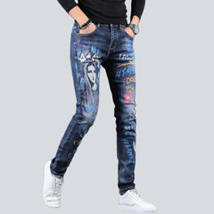 Medium wash printed men jeans