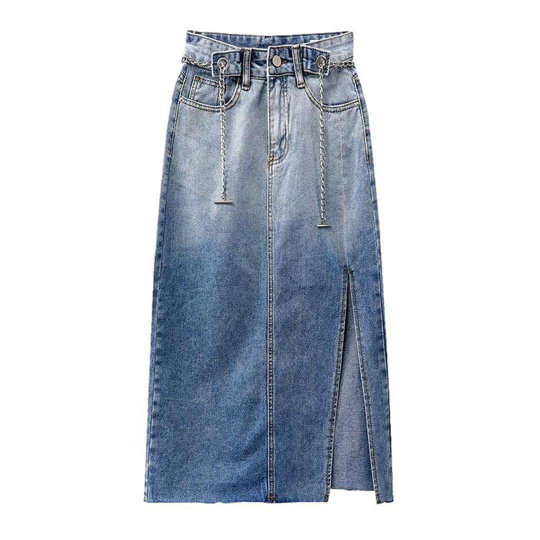 Contrast color denim long skirt