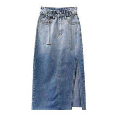 Contrast color denim long skirt