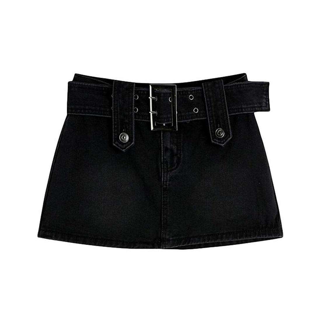 Black denim skirt with belt hotsell