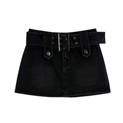 Black denim skirt with belt