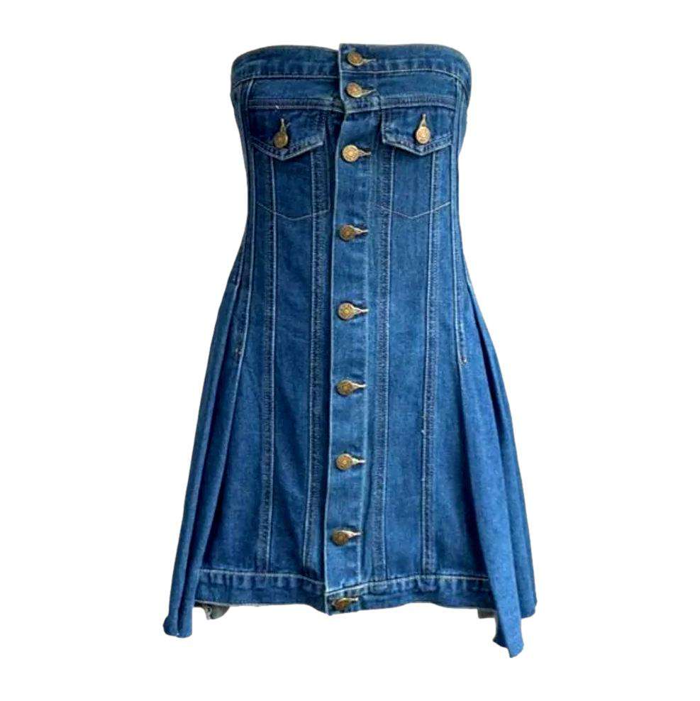 Buttoned mini strapless denim dress