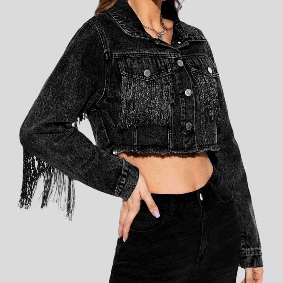 Fringe cropped women denim jacket