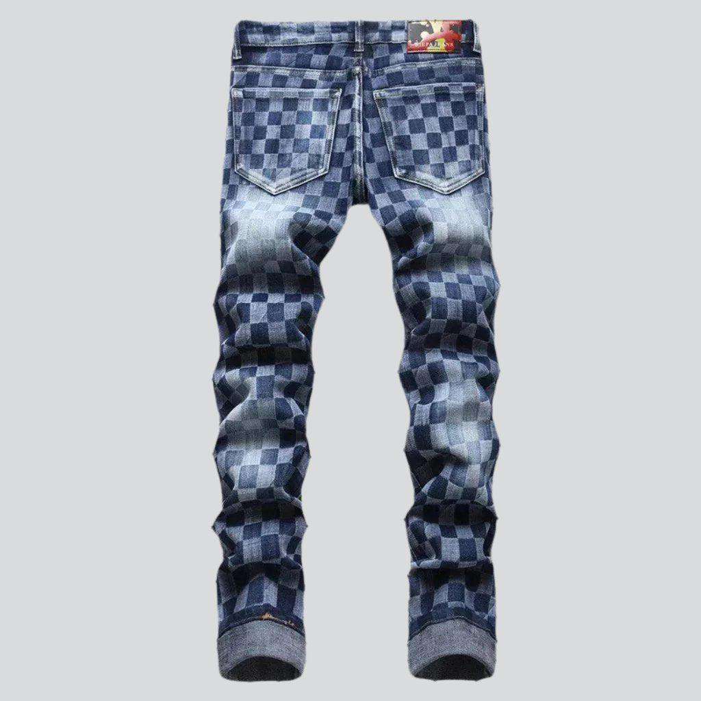 Checkered print stretchy men jeans