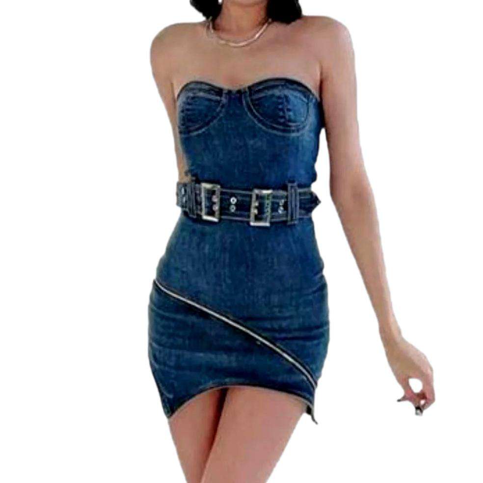 Asymmetric mini strapless denim dress