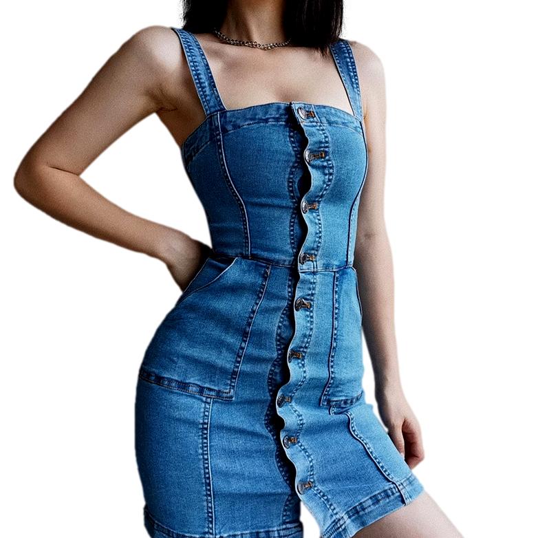 Sleeveless buttoned mini denim dress