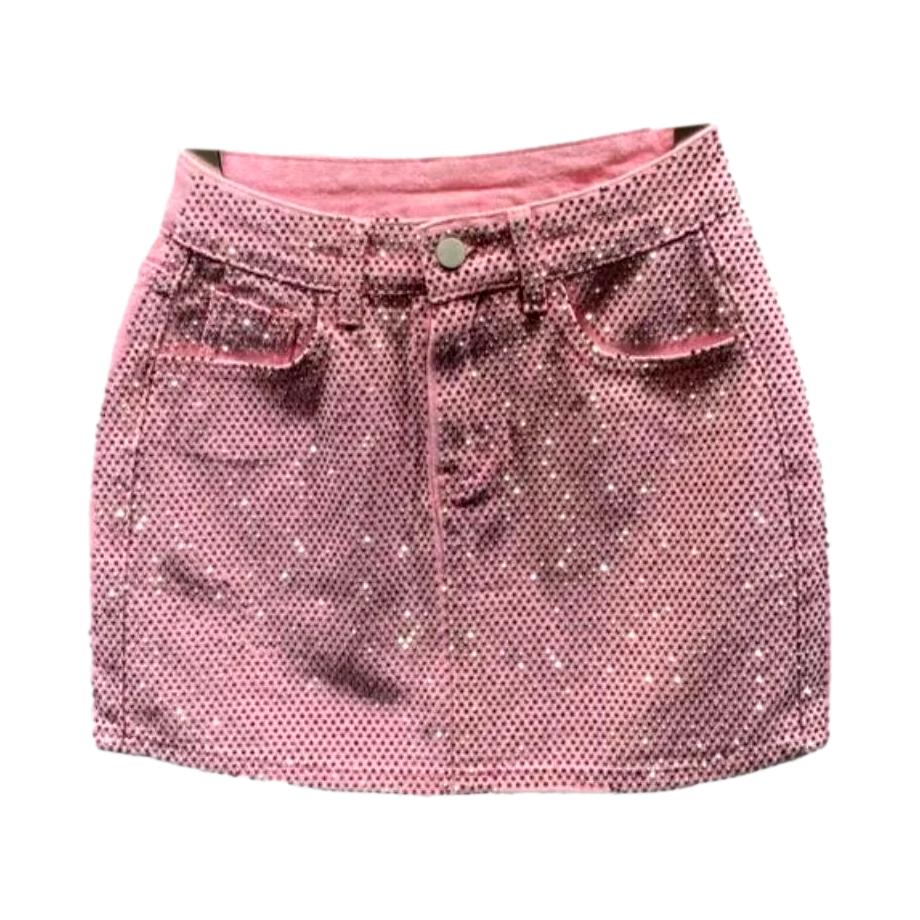 Rhinestone embellished color denim skirt