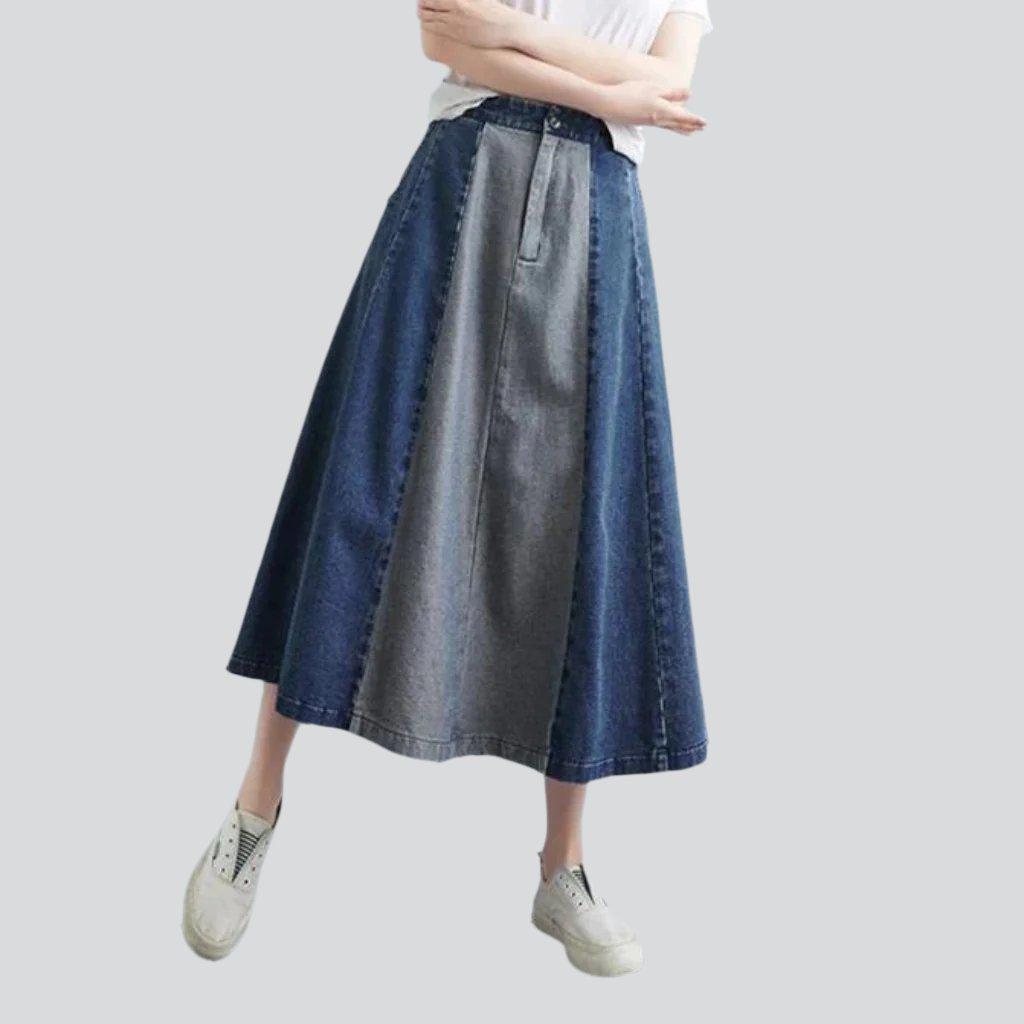 Trendy color block denim skirt