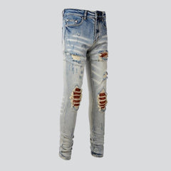 Orange patch knees men jeans