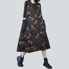 Flower print black denim dress