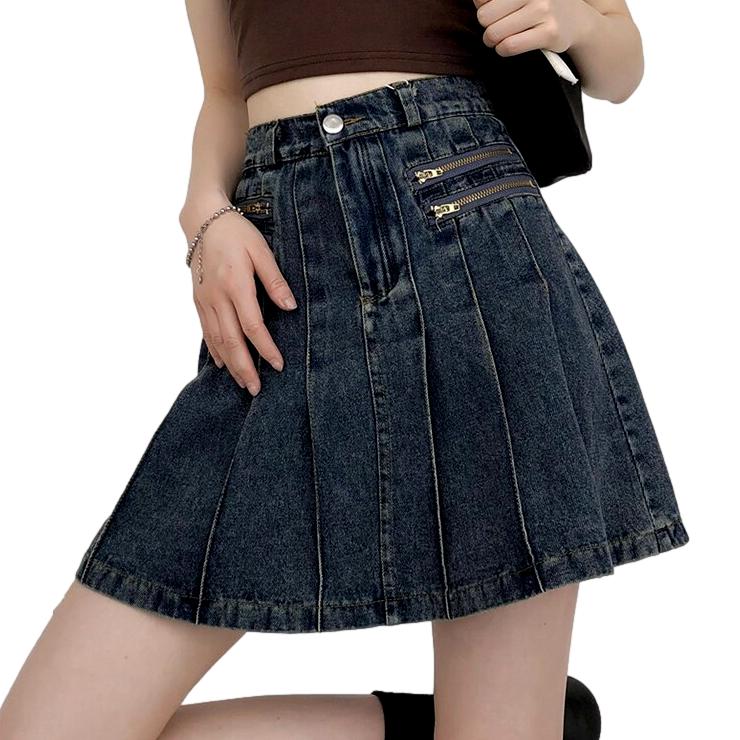 Retro pleated mini denim skirt