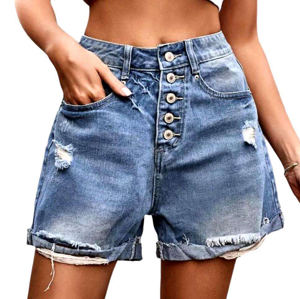 Exposed buttons distressed denim shorts