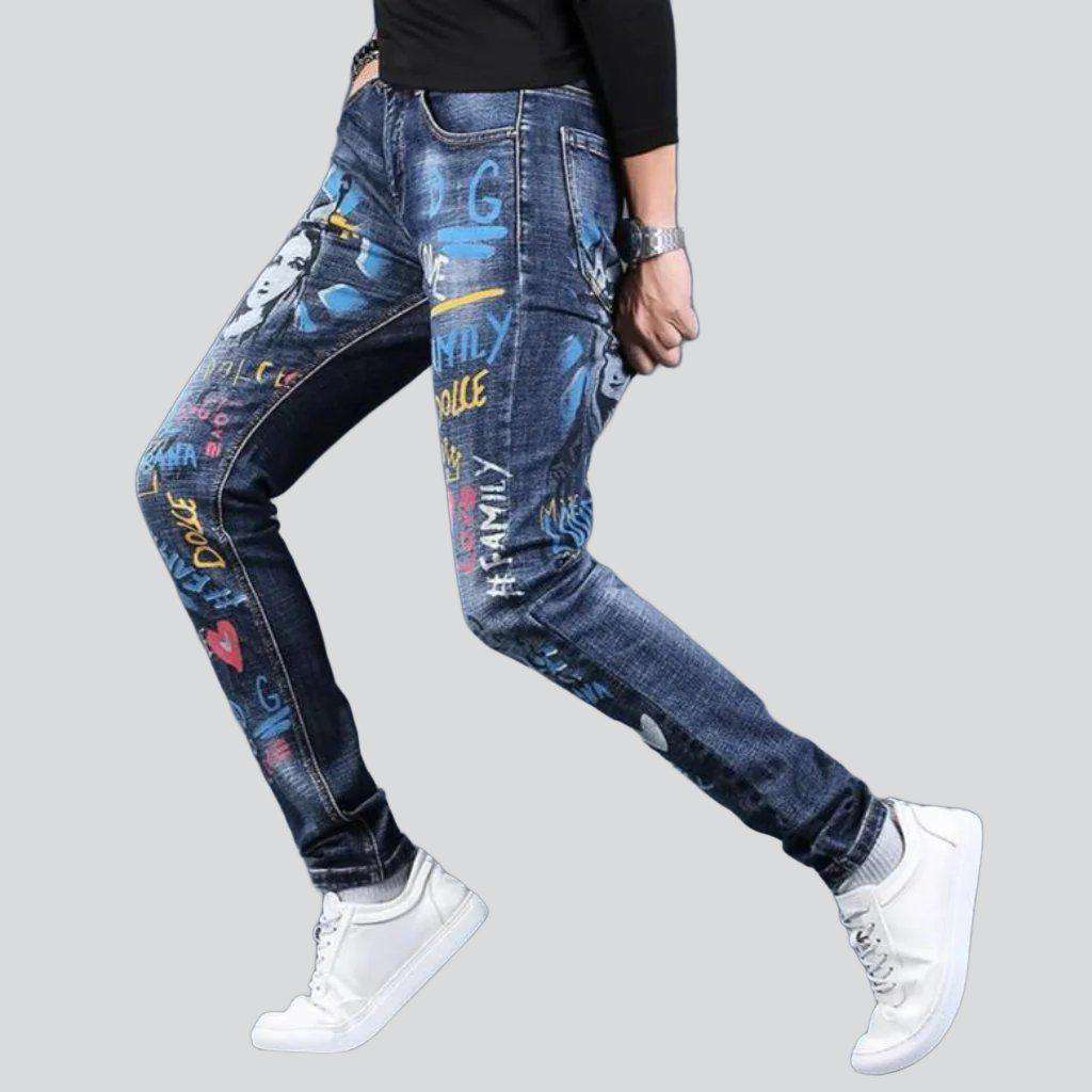 Medium wash printed men jeans