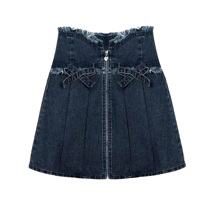 Distressed waistband mini denim skirt