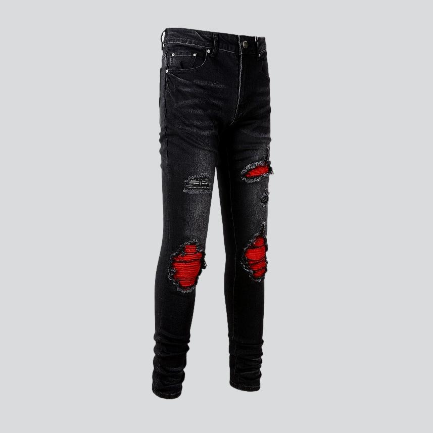 Red patch men biker jeans