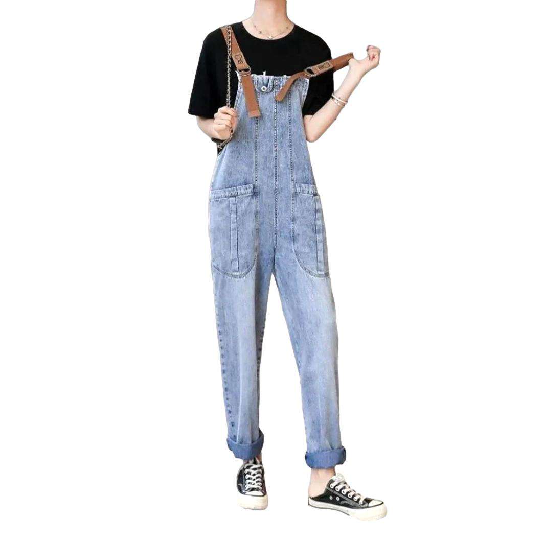 Denim dungaree with brown suspenders