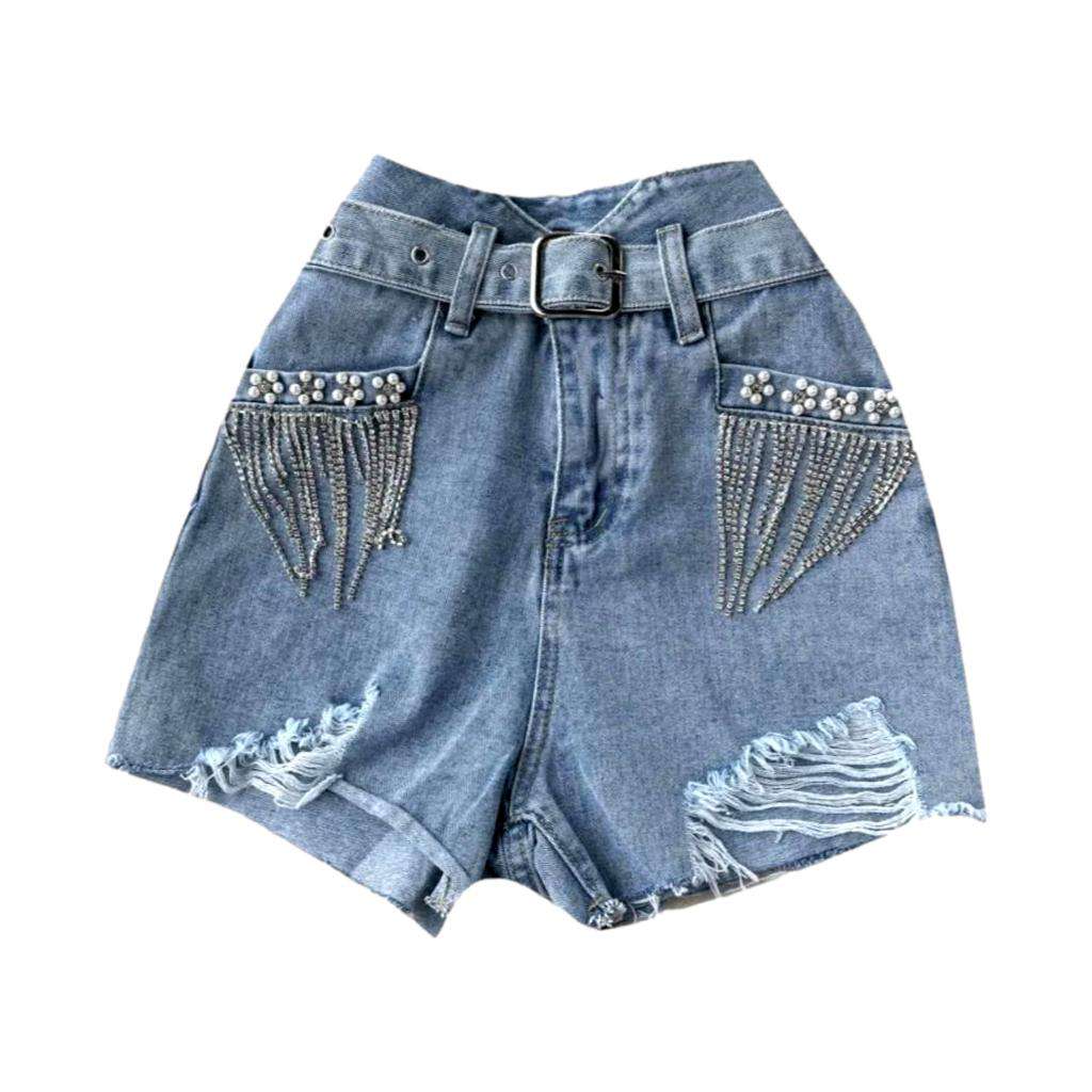 Crystal fringe pocket denim shorts