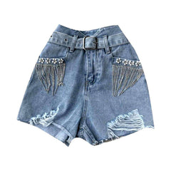 Shorts vaqueros con bolsillos y flecos de cristal