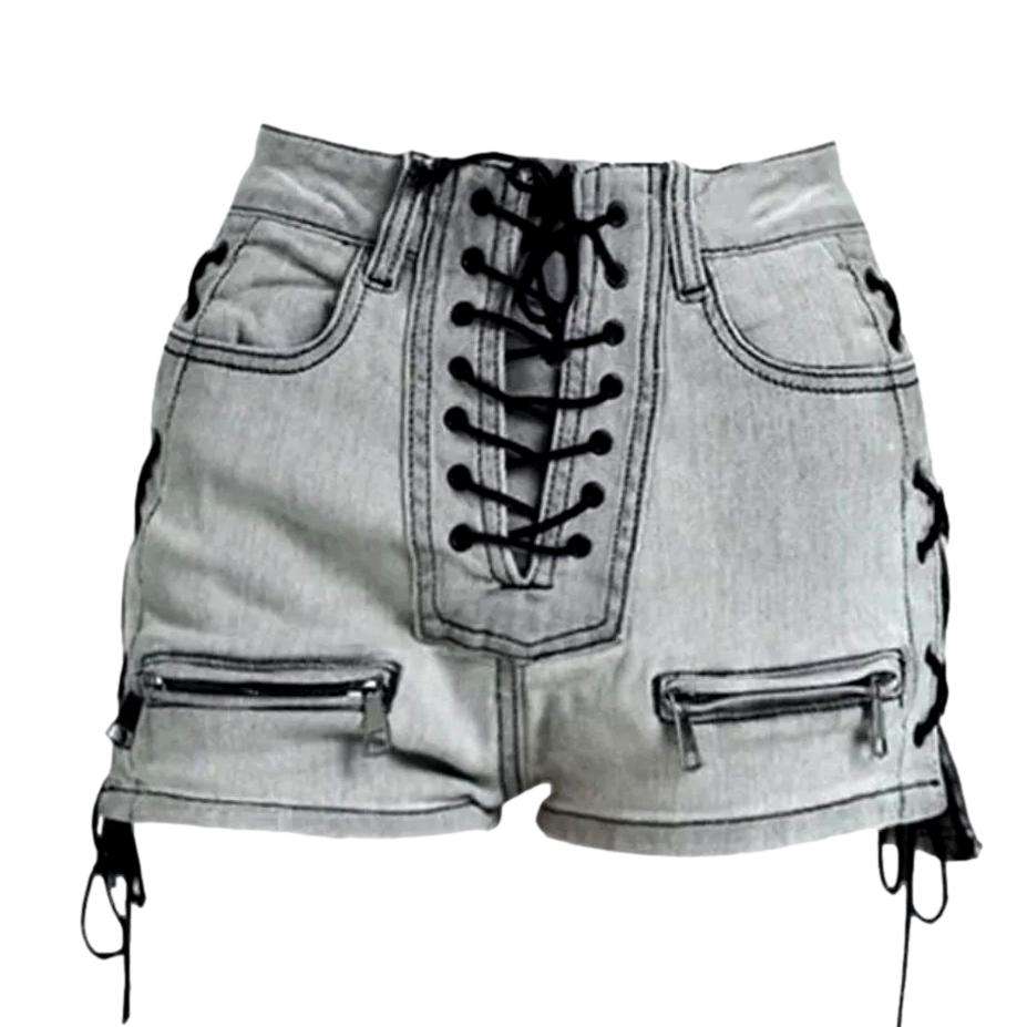 Drawstrings embroidery denim shorts