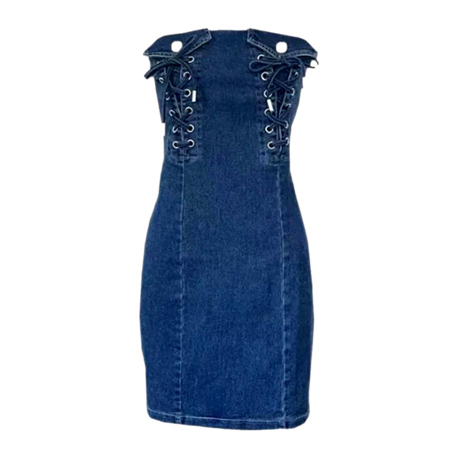 Strapless denim dress with drawstrings