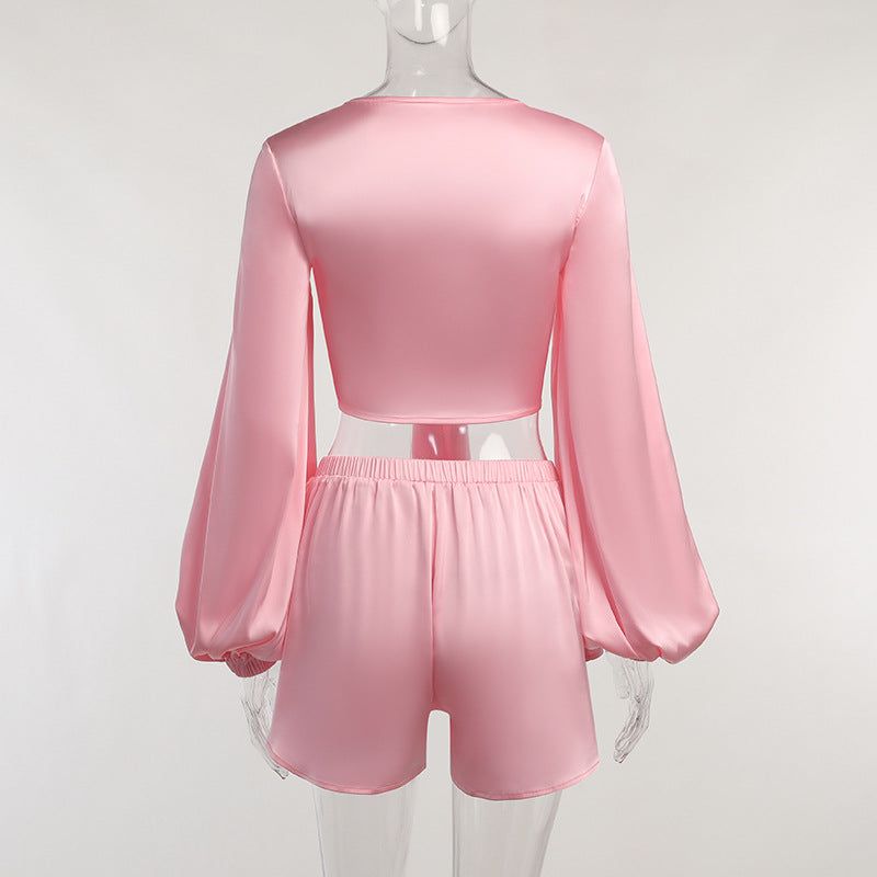 Pretty In Pink Satin Tie Up Crop Top & Shorts Set