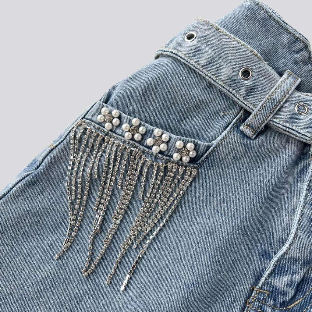 Crystal fringe pocket denim shorts