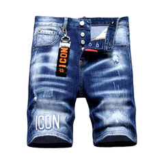 Inscribed ripped men denim shorts