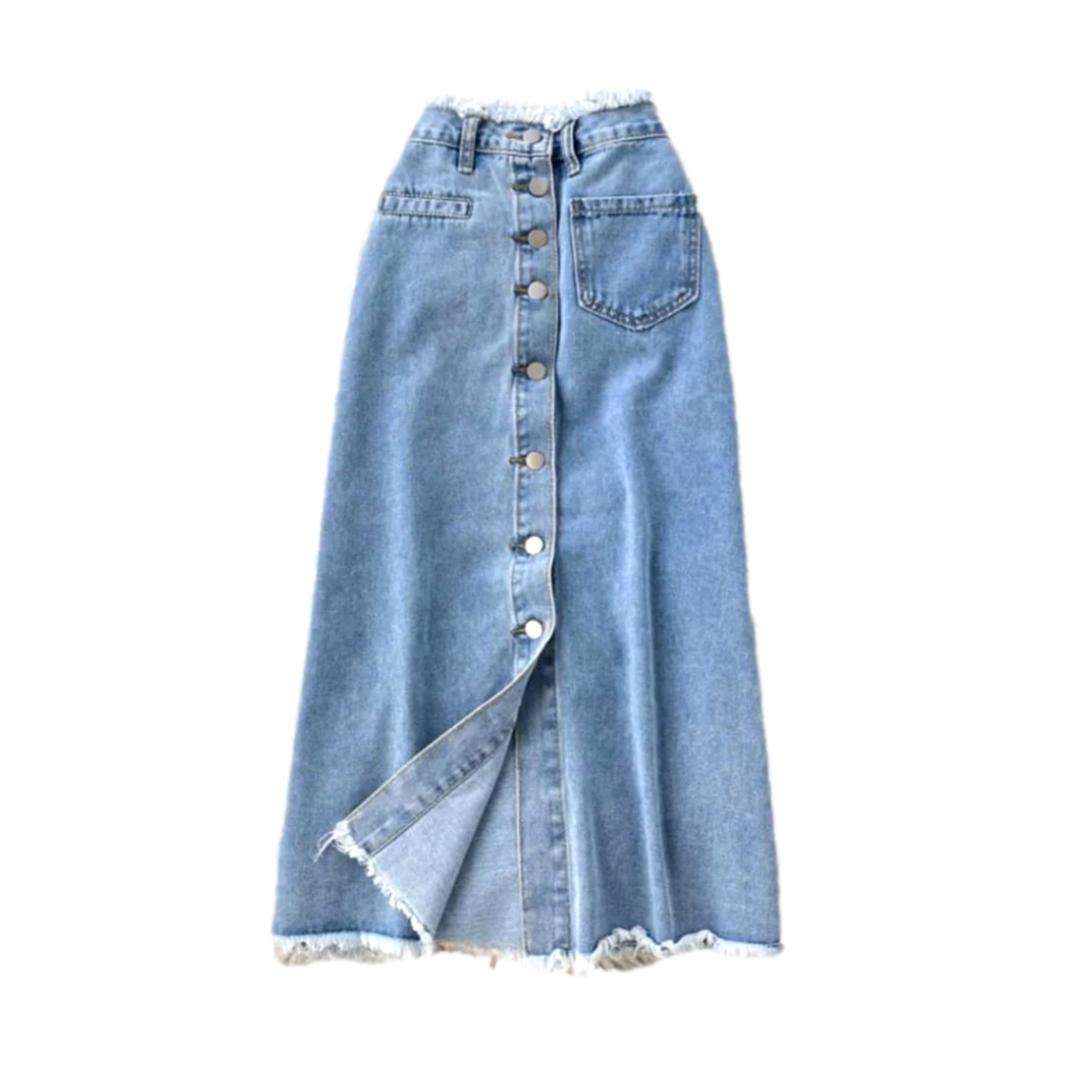 Frayed waistband buttoned denim skirt