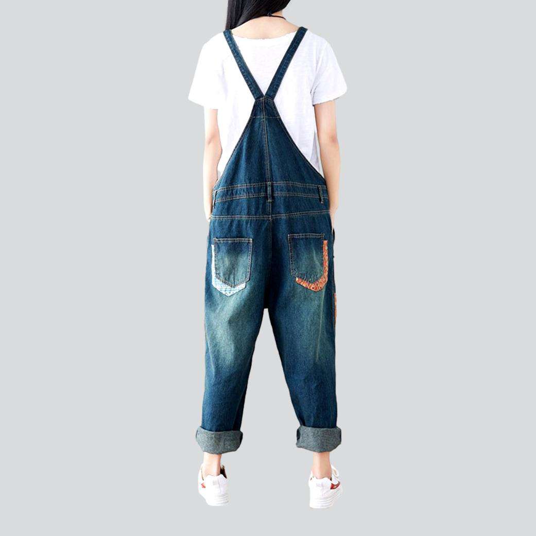 Color rectangle patchwork denim jumpsuit