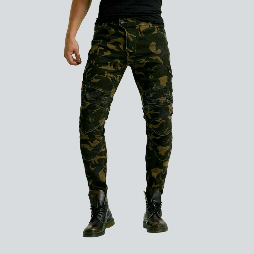 Camouflage print men moto jeans