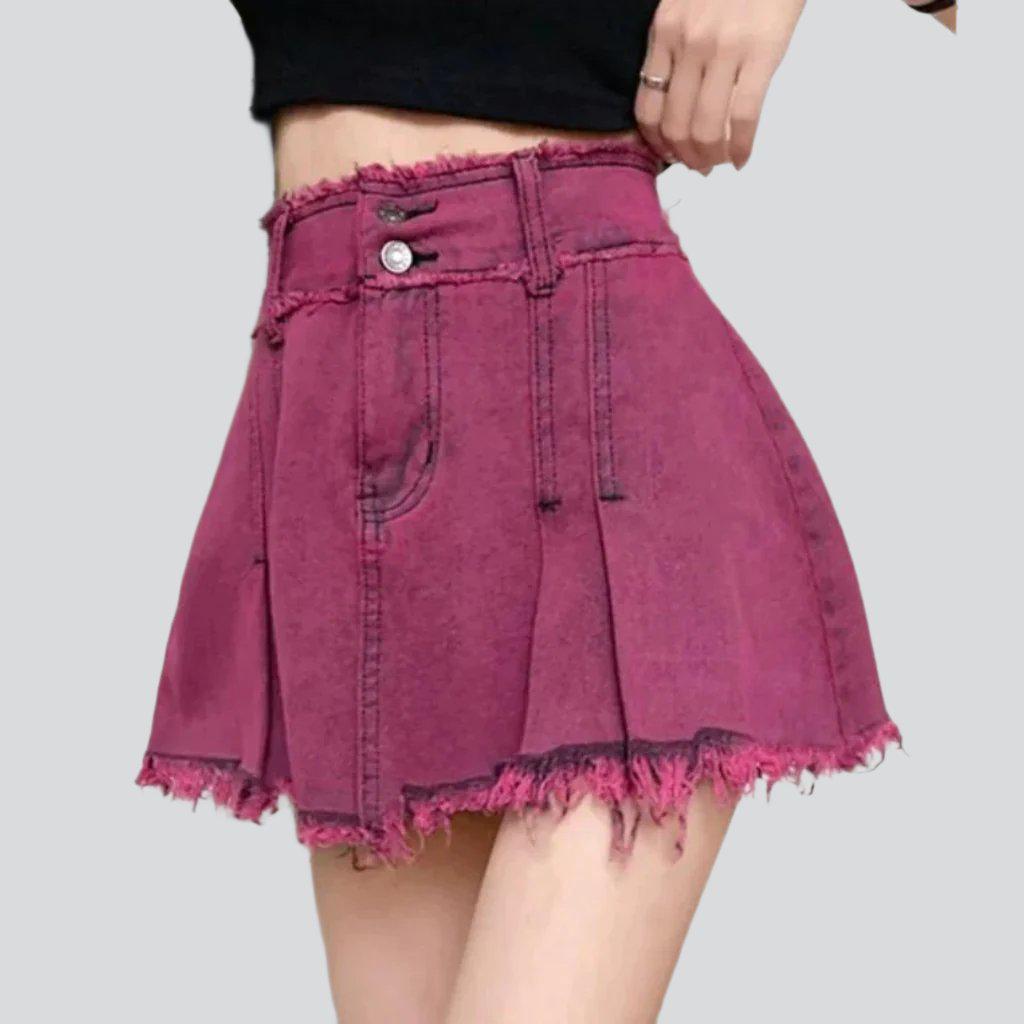 Pleated over-dyed pink denim skirt