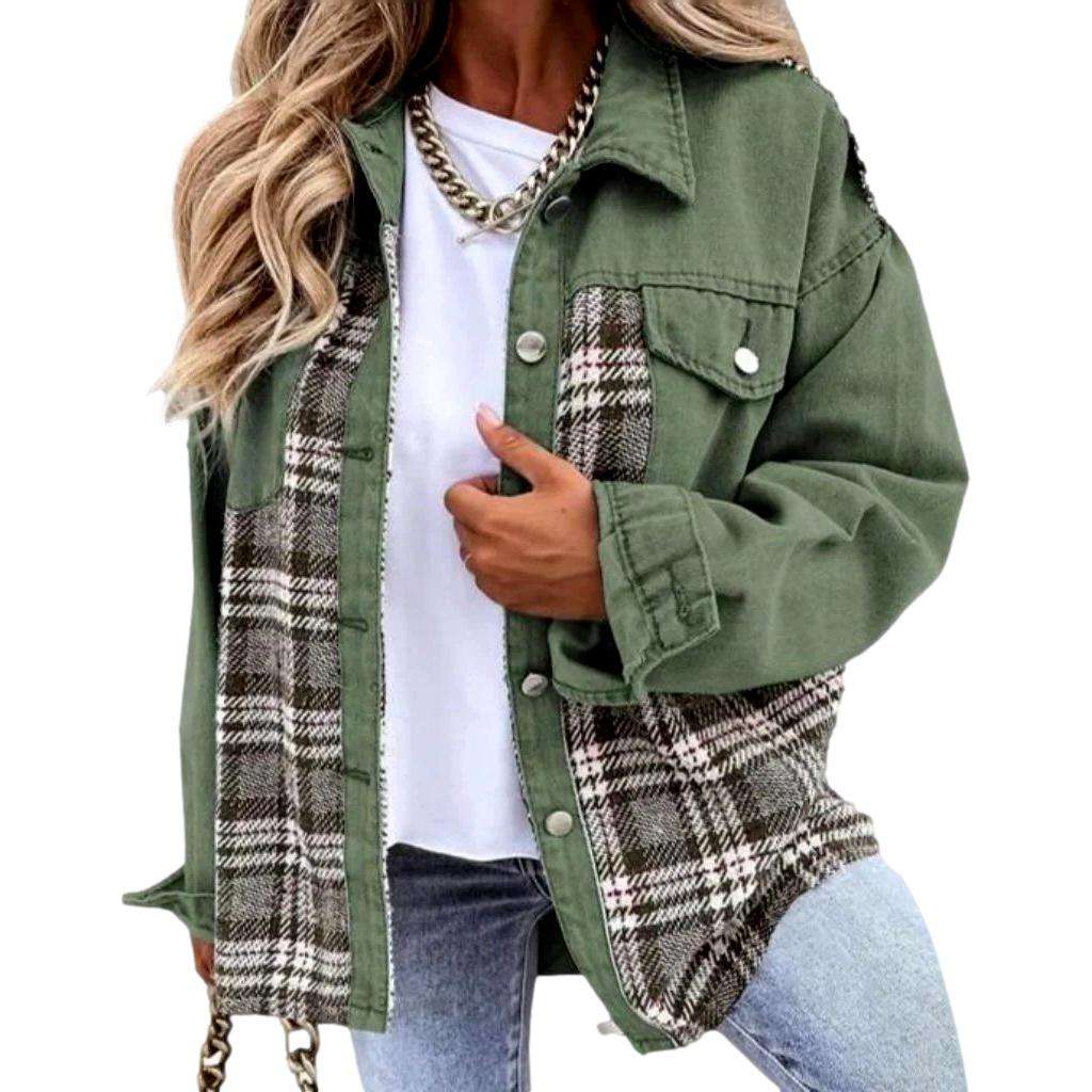 Checkered fashion denim jacket for ladies