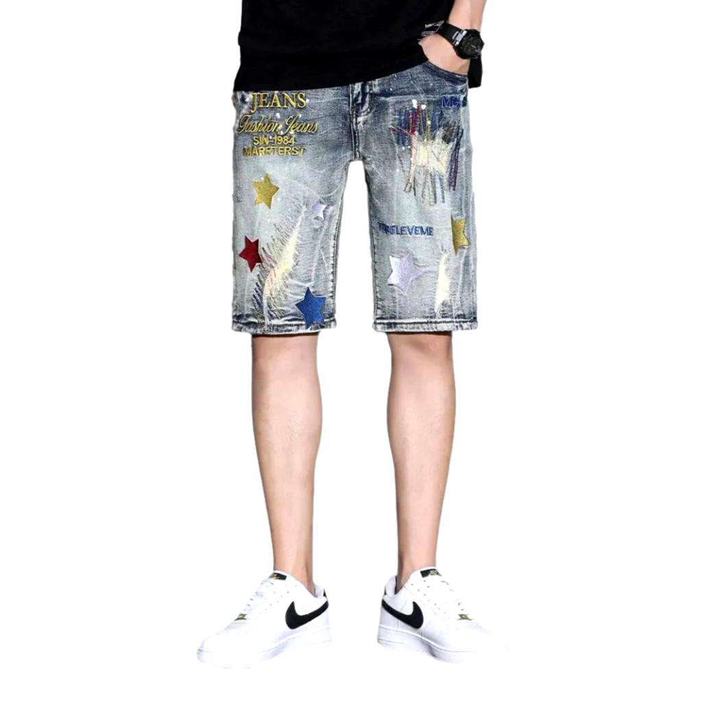 Micro-stamped ripped denim shorts