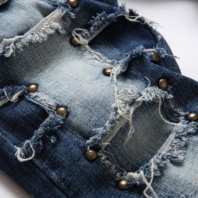 Rivet embellished patched men jeans