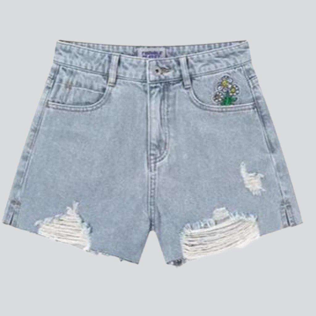 Distressed hem women denim shorts