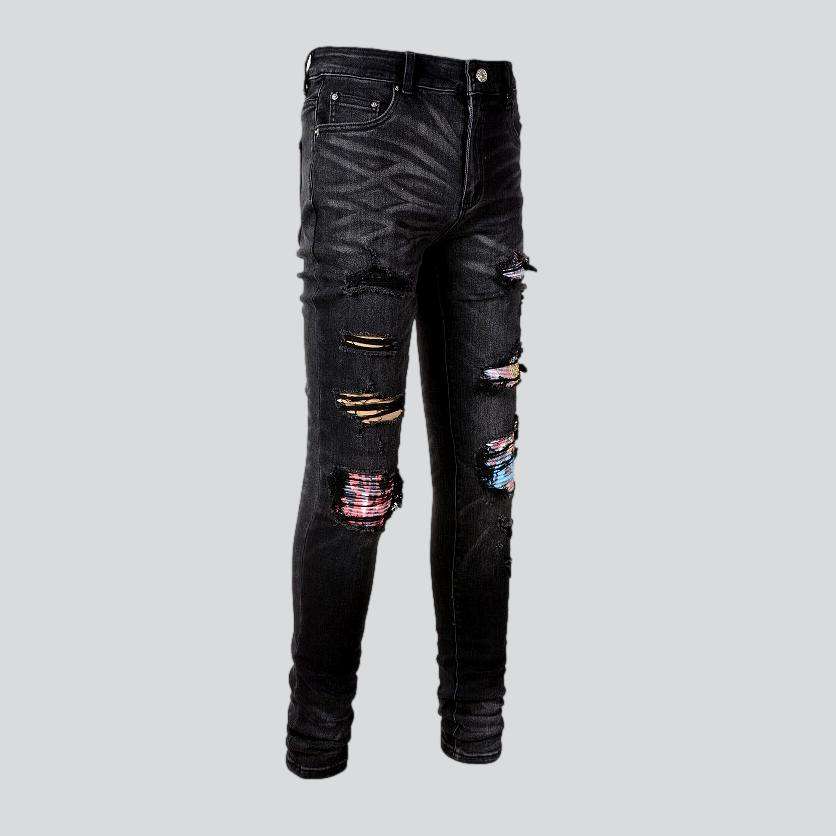 Graffiti print patchwork biker jeans